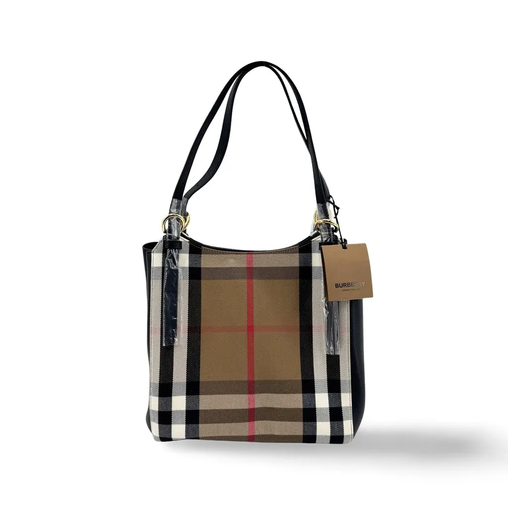 Burberry Small House Check and Leather Shoulder Bag Black Beige Canvas Never worn - Front View