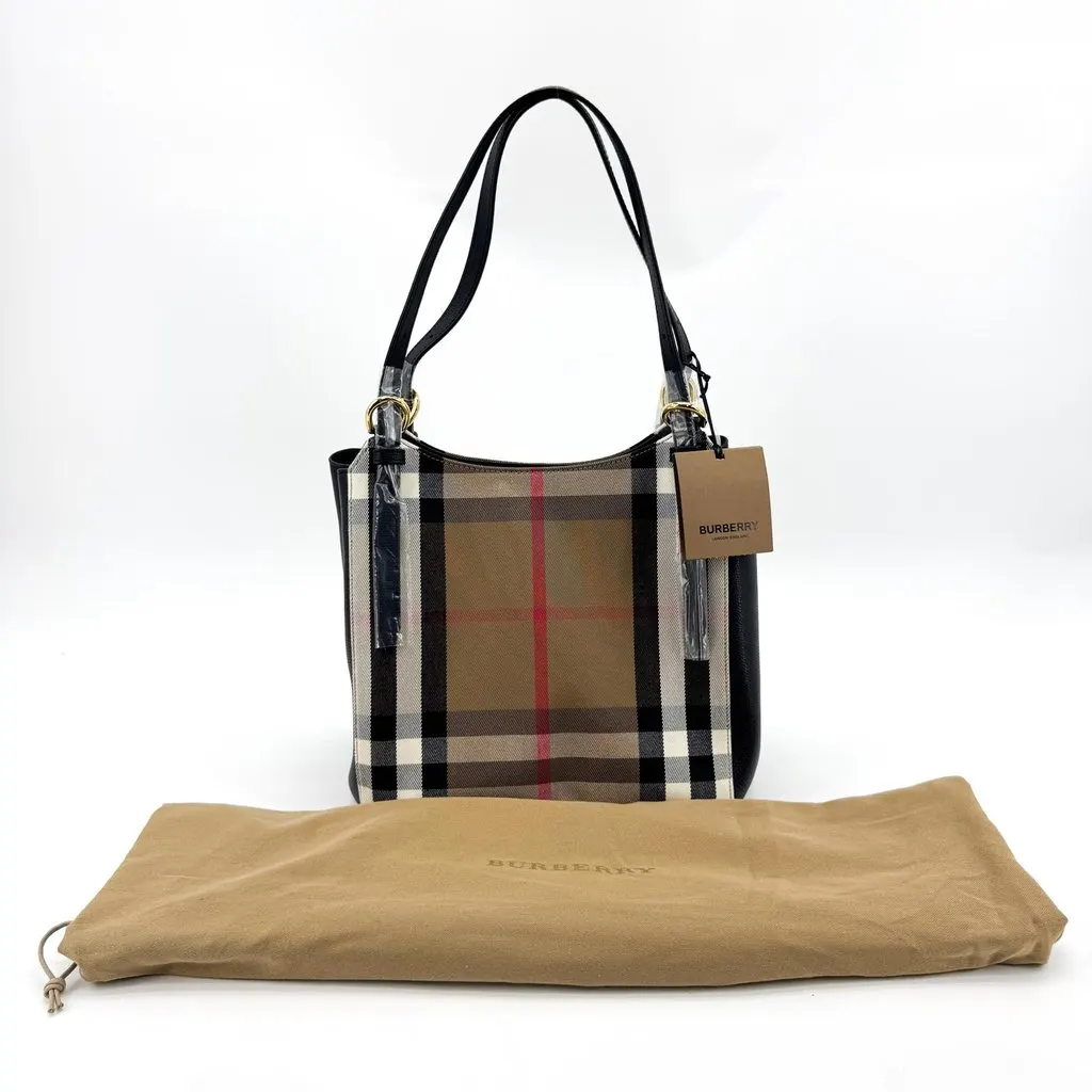 Burberry Small House Check and Leather Shoulder Bag Black Beige Canvas Never worn - Back View