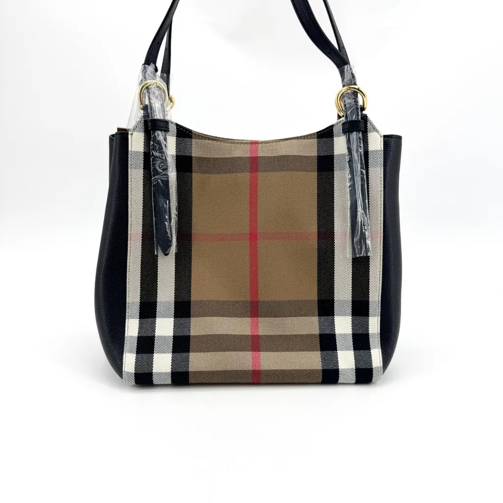 Burberry Small House Check and Leather Shoulder Bag Black Beige Canvas Never worn - Inside View