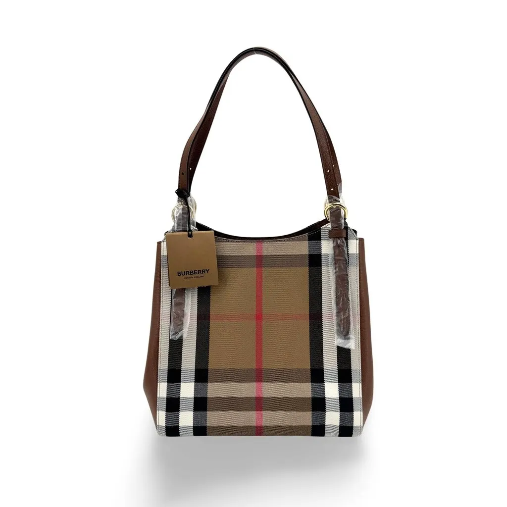 Burberry Small Vintage Check and Leather Hobo Bag Brown Beige Canvas Never worn - Front View