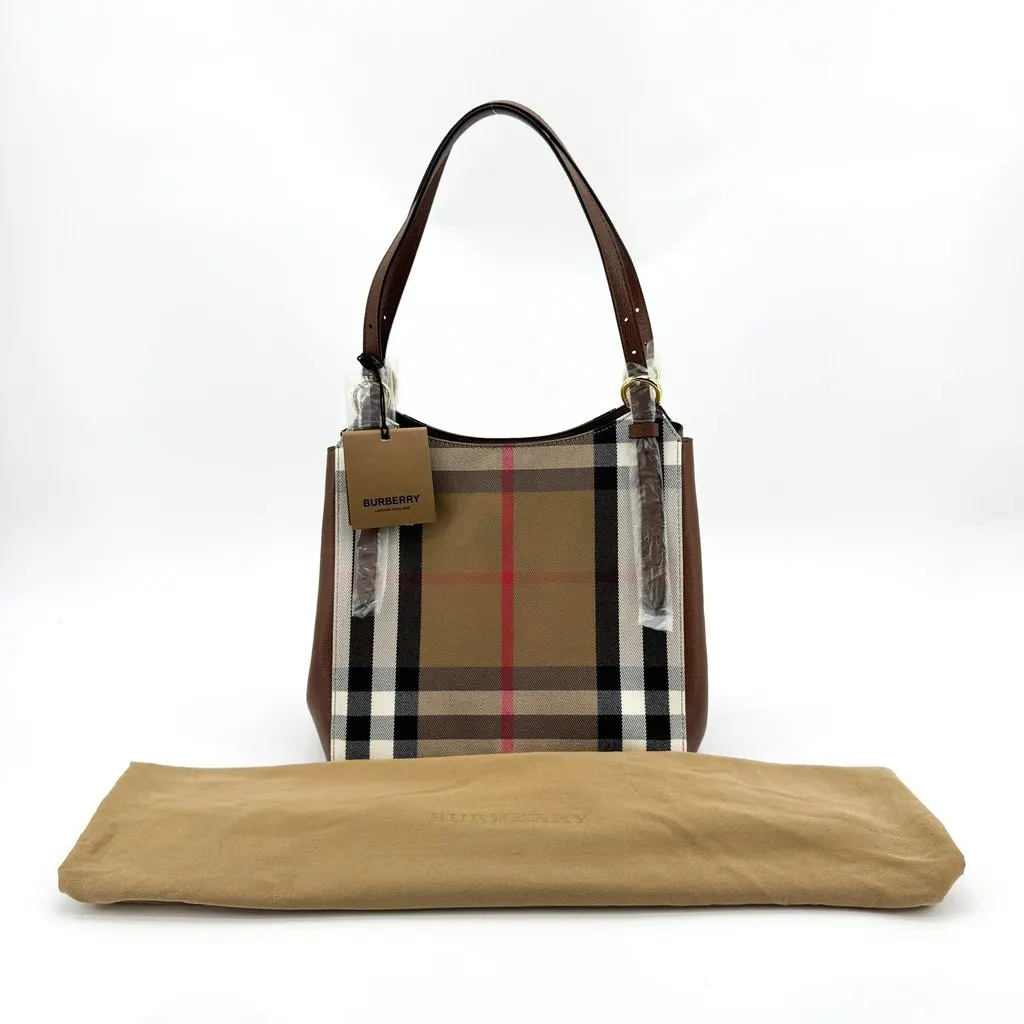 Burberry Small Vintage Check and Leather Hobo Bag Brown Beige Canvas Never worn - Back View