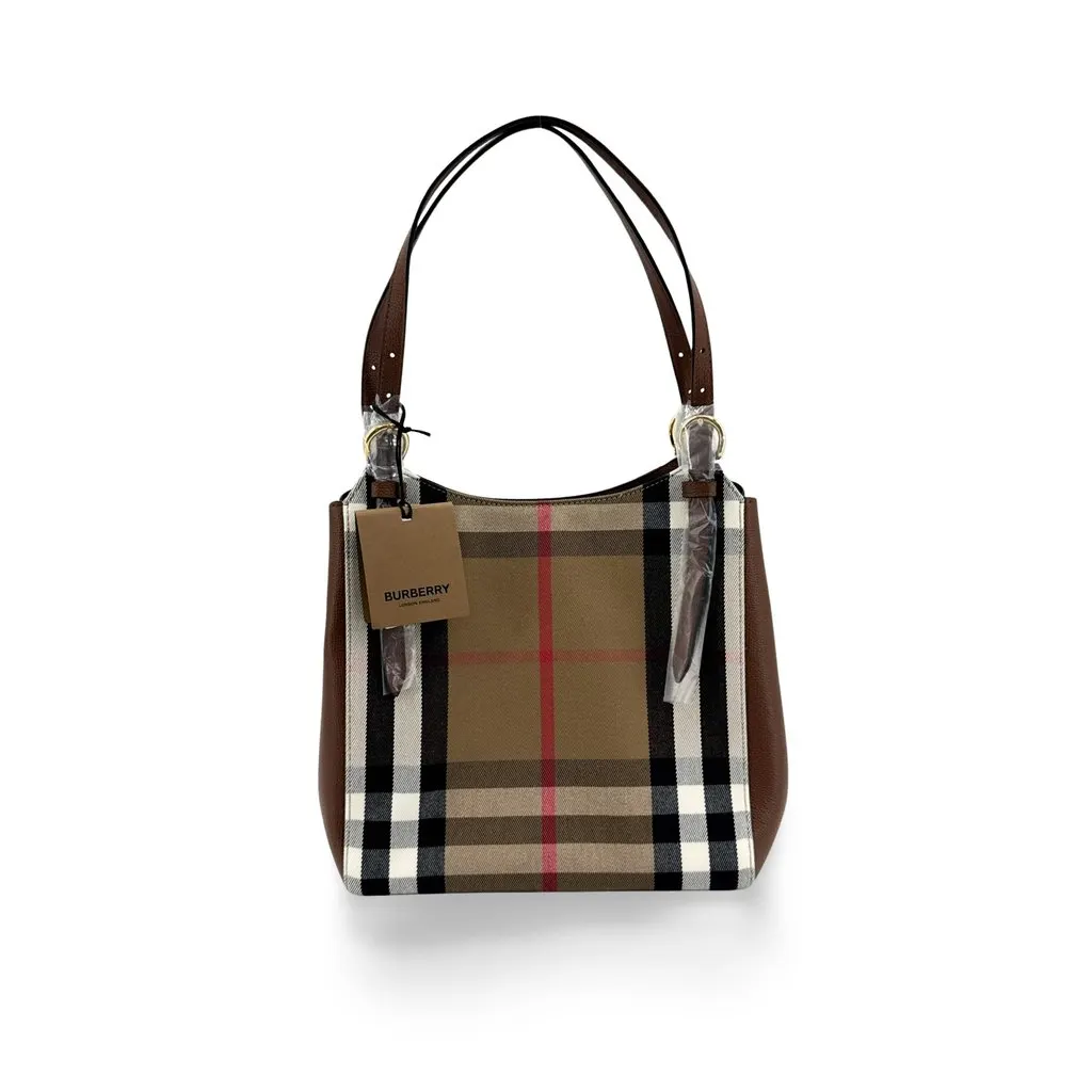 Burberry Small Vintage Check and Leather Hobo Bag Dark Birch Brown Beige Canvas Never worn - Front View