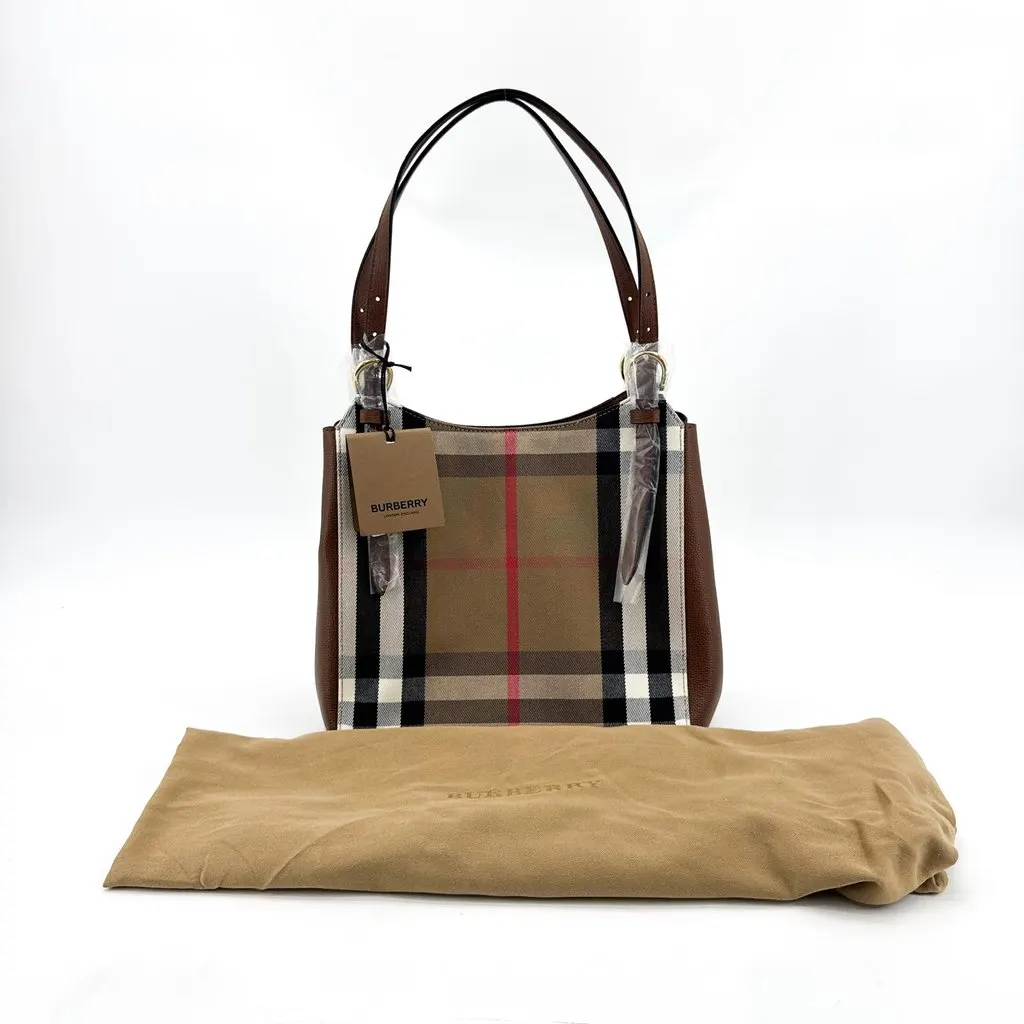 Burberry Small Vintage Check and Leather Hobo Bag Dark Birch Brown Beige Canvas Never worn - Back View