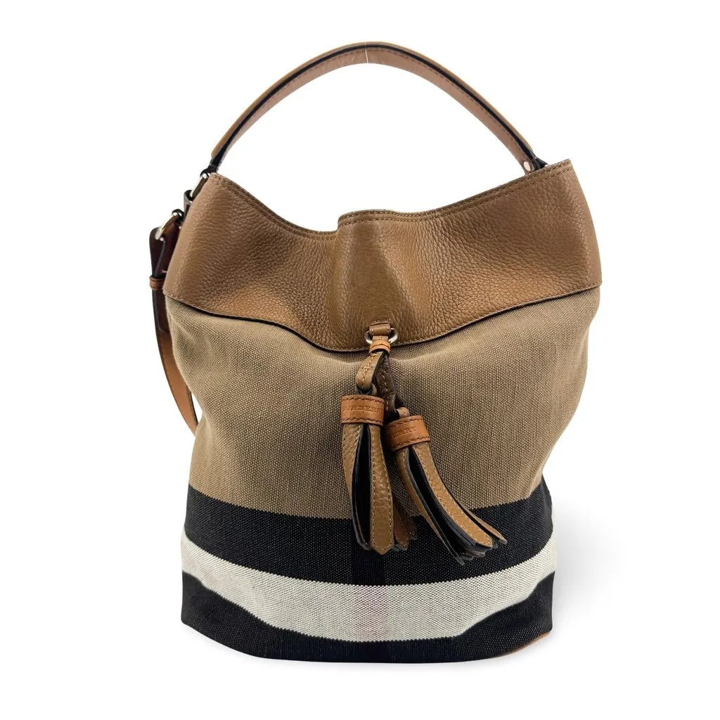 Burberry Ashby Canvas Tassel Bucket Bag Brown Beige Canvas Good - Front View