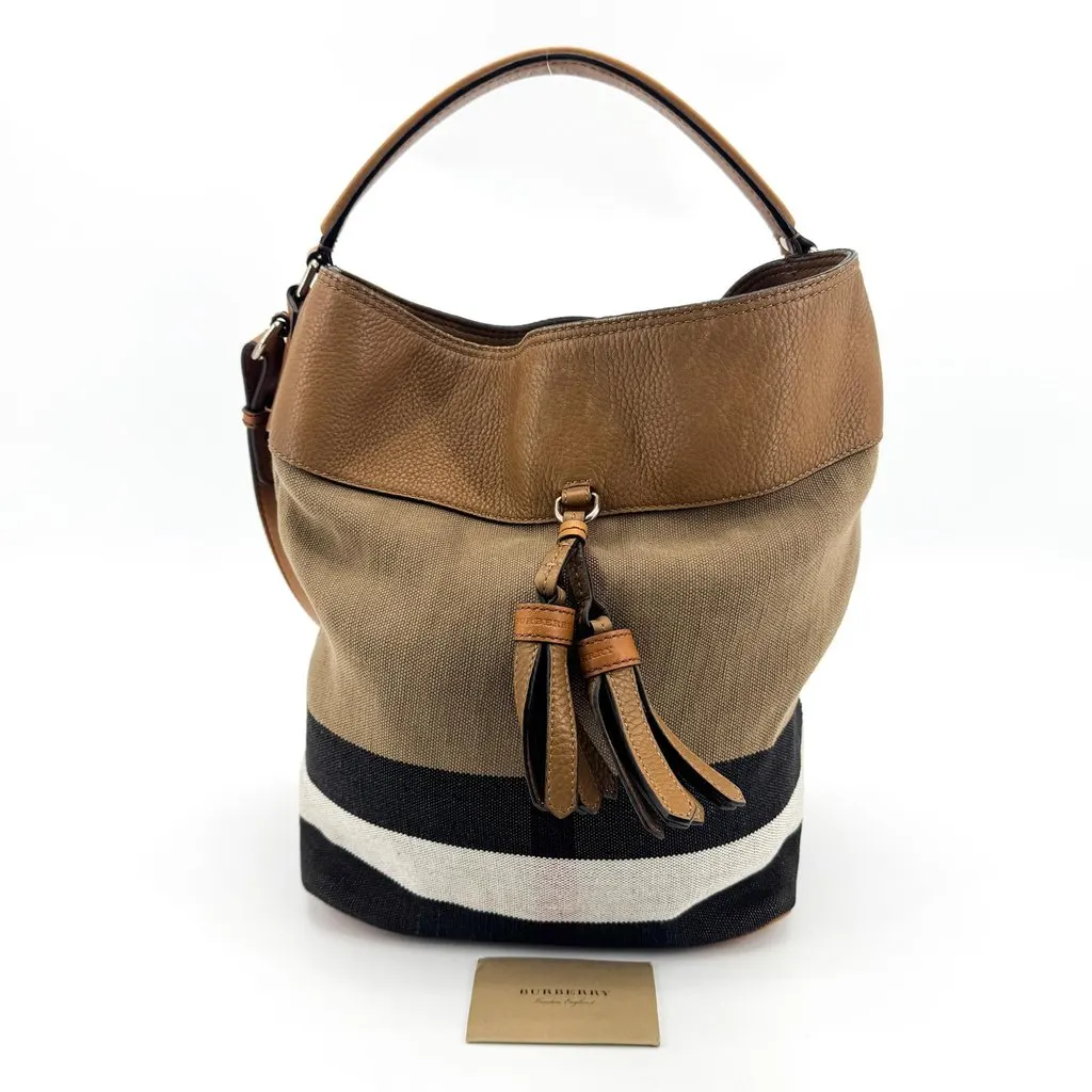 Burberry Ashby Canvas Tassel Bucket Bag Brown Beige Canvas Good - Back View