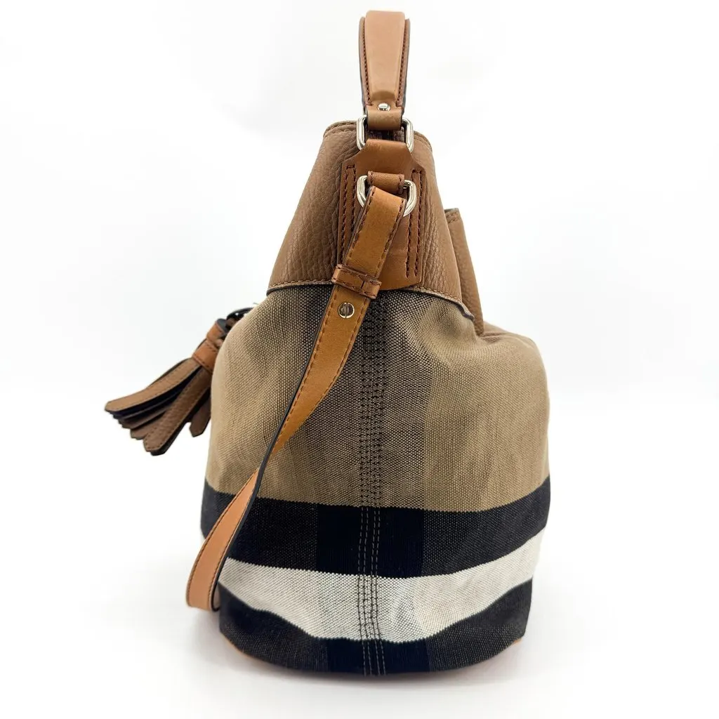 Burberry Ashby Canvas Tassel Bucket Bag Brown Beige Canvas Good - Model View