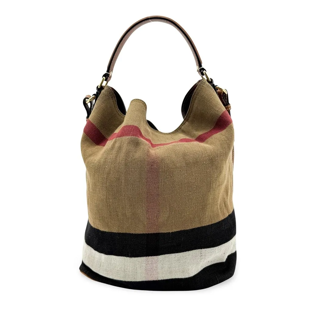 Burberry Small Ashby Canvas Check Hobo Bag Brown Beige Canvas Fair - Front View