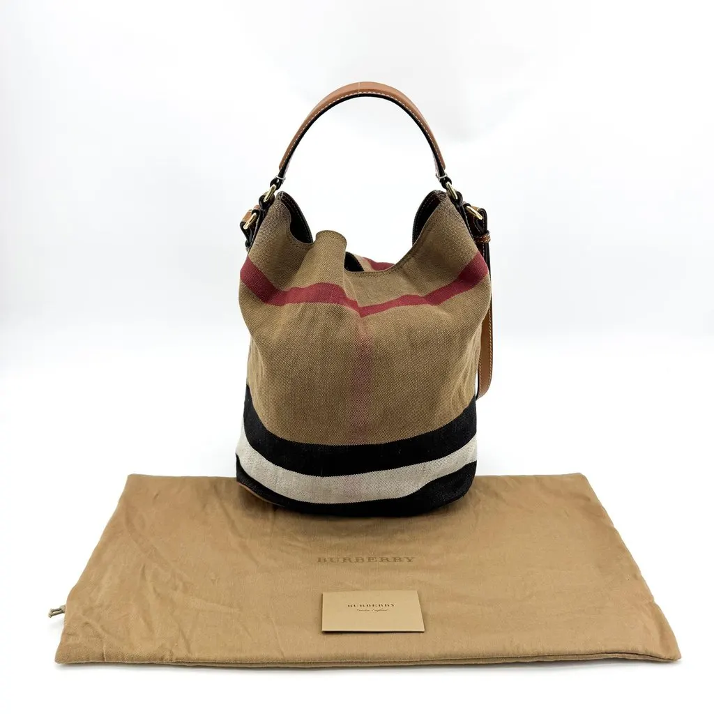 Burberry Small Ashby Canvas Check Hobo Bag Brown Beige Canvas Fair - Back View