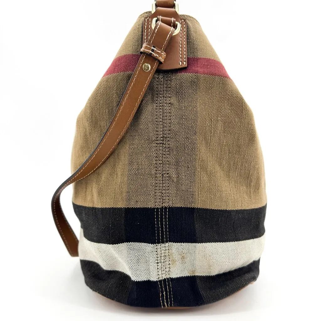 Burberry Small Ashby Canvas Check Hobo Bag Brown Beige Canvas Fair - Model View