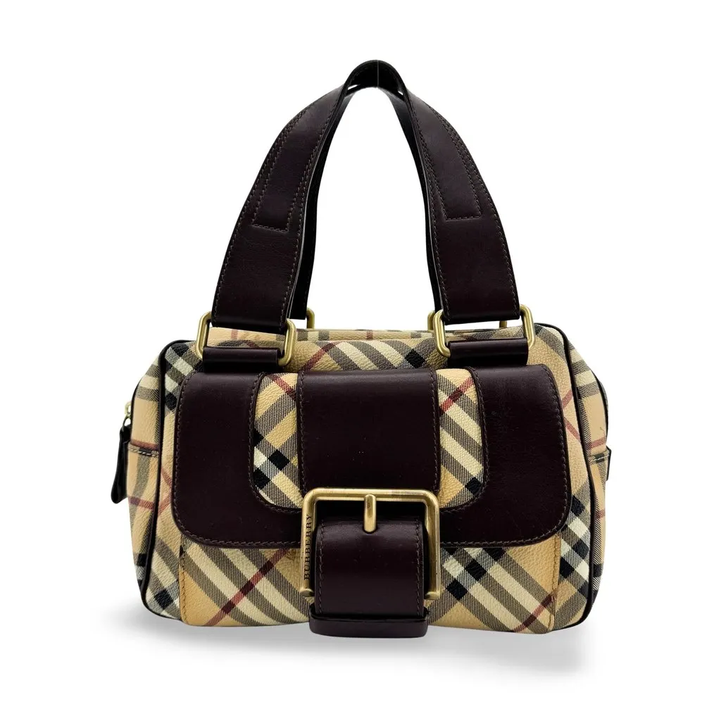 Burberry Haymarket Check Buckle Top Handle Bag Brown Beige Canvas Good - Front View