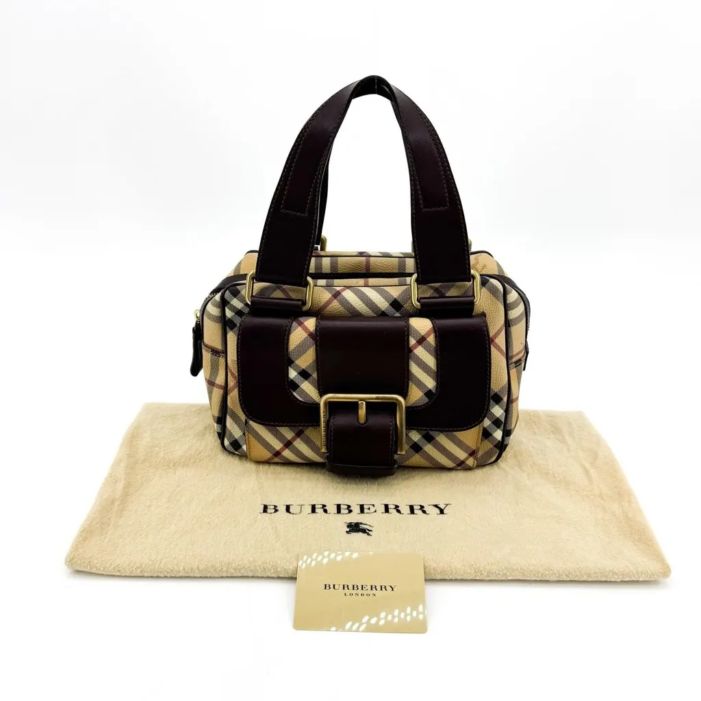 Burberry Haymarket Check Buckle Top Handle Bag Brown Beige Canvas Good - Back View