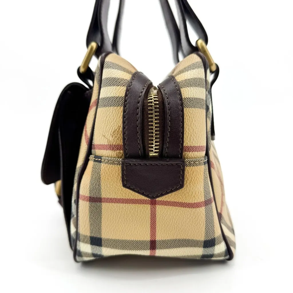 Burberry Haymarket Check Buckle Top Handle Bag Brown Beige Canvas Good - Model View