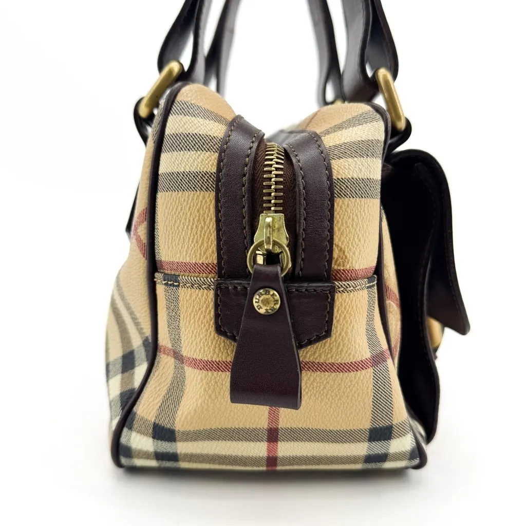 Burberry Haymarket Check Buckle Top Handle Bag Brown Beige Canvas Good - Box View