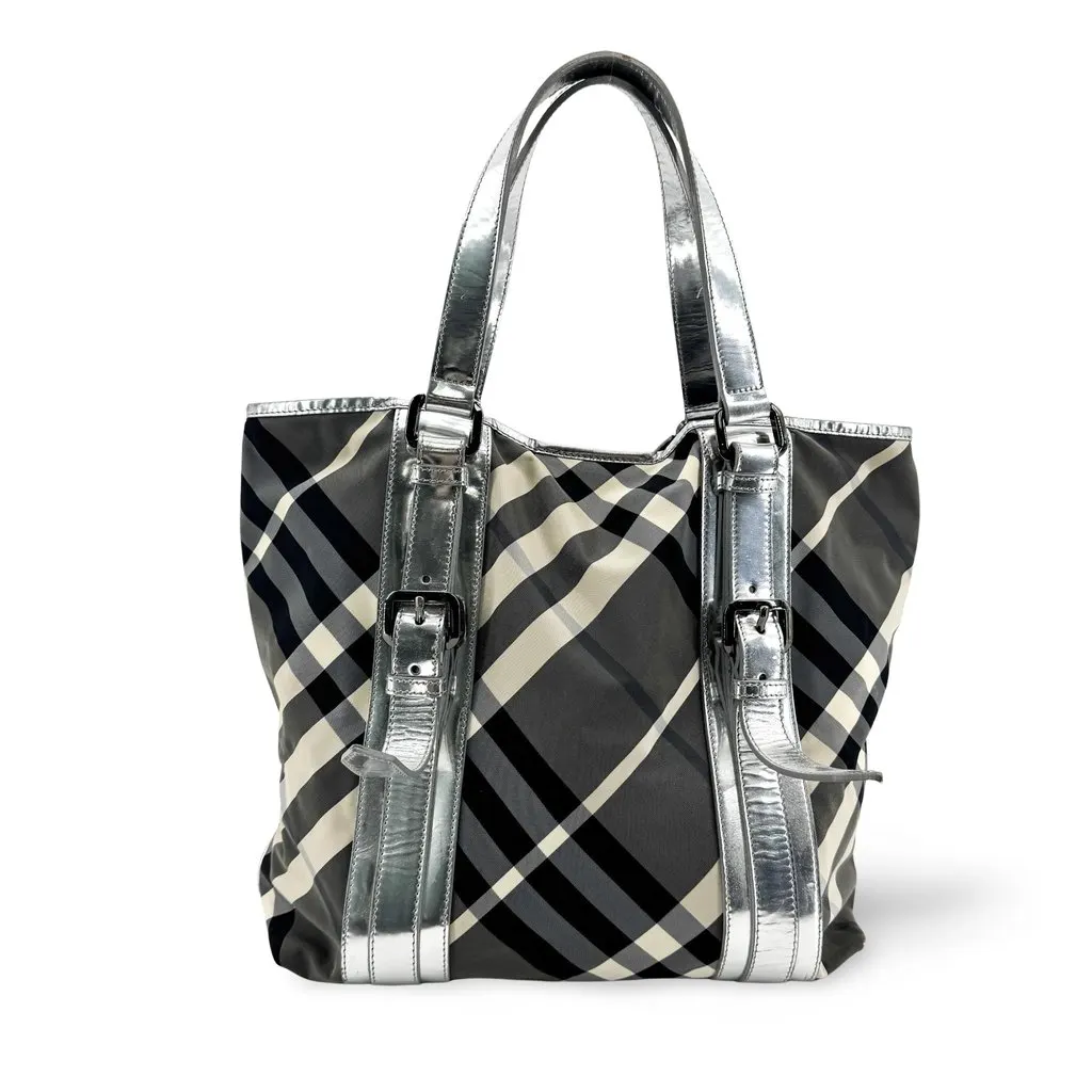 Burberry Beat Check Nylon Tote Bag Silver Black Polyamide Good - Front View