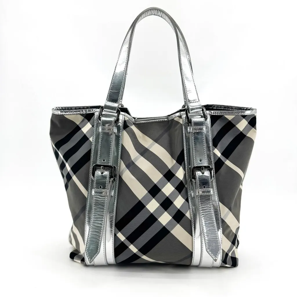 Burberry Beat Check Nylon Tote Bag Silver Black Polyamide Good - Back View