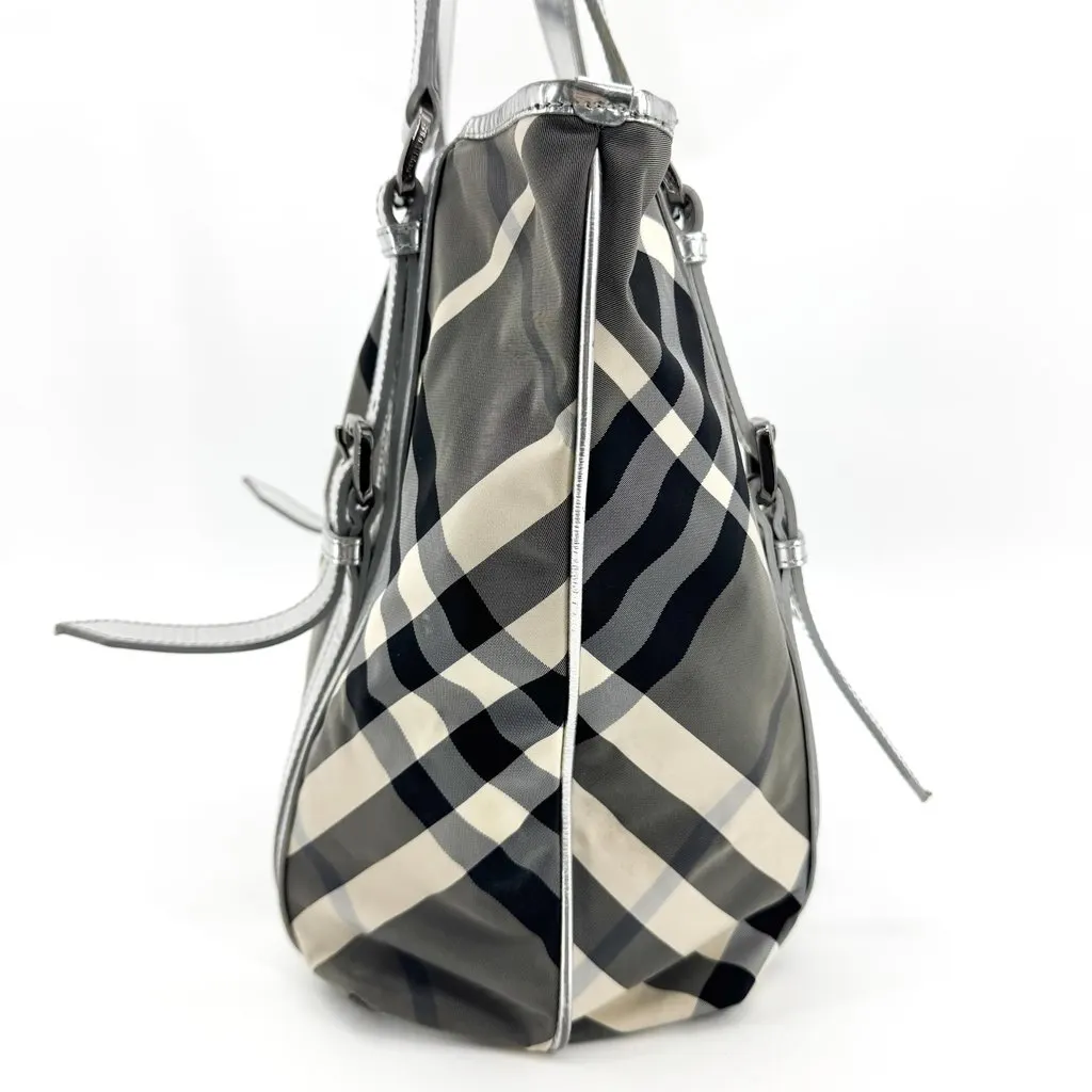 Burberry Beat Check Nylon Tote Bag Silver Black Polyamide Good - Inside View
