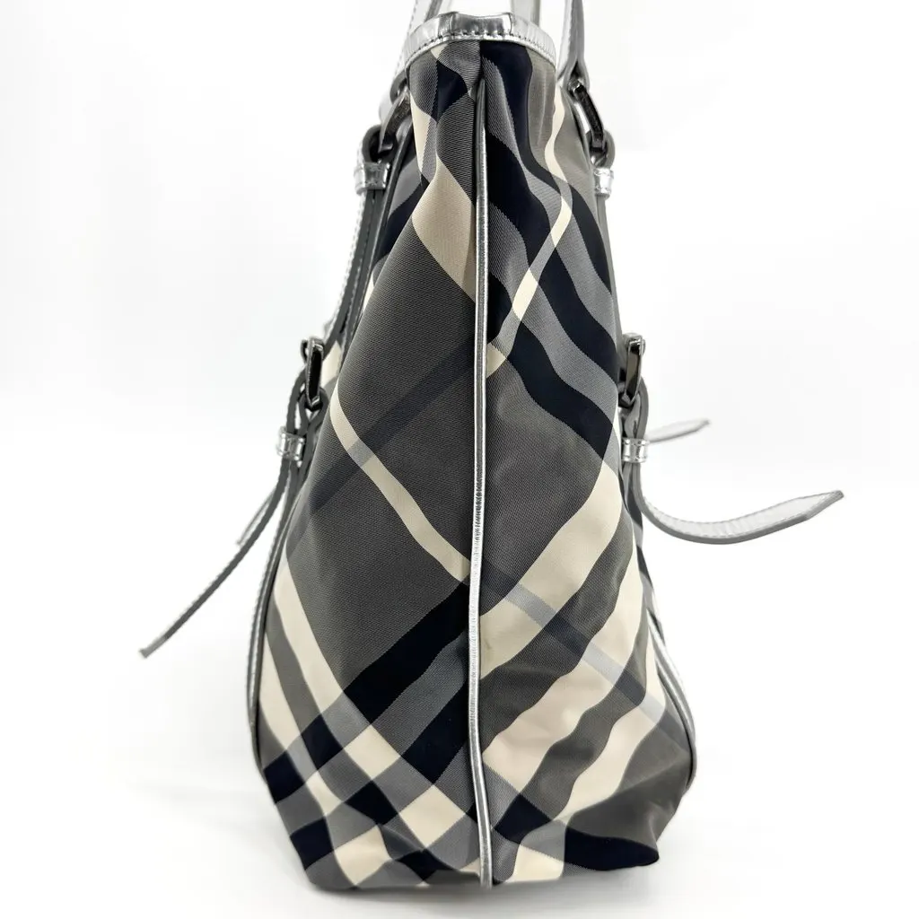 Burberry Beat Check Nylon Tote Bag Silver Black Polyamide Good - Model View