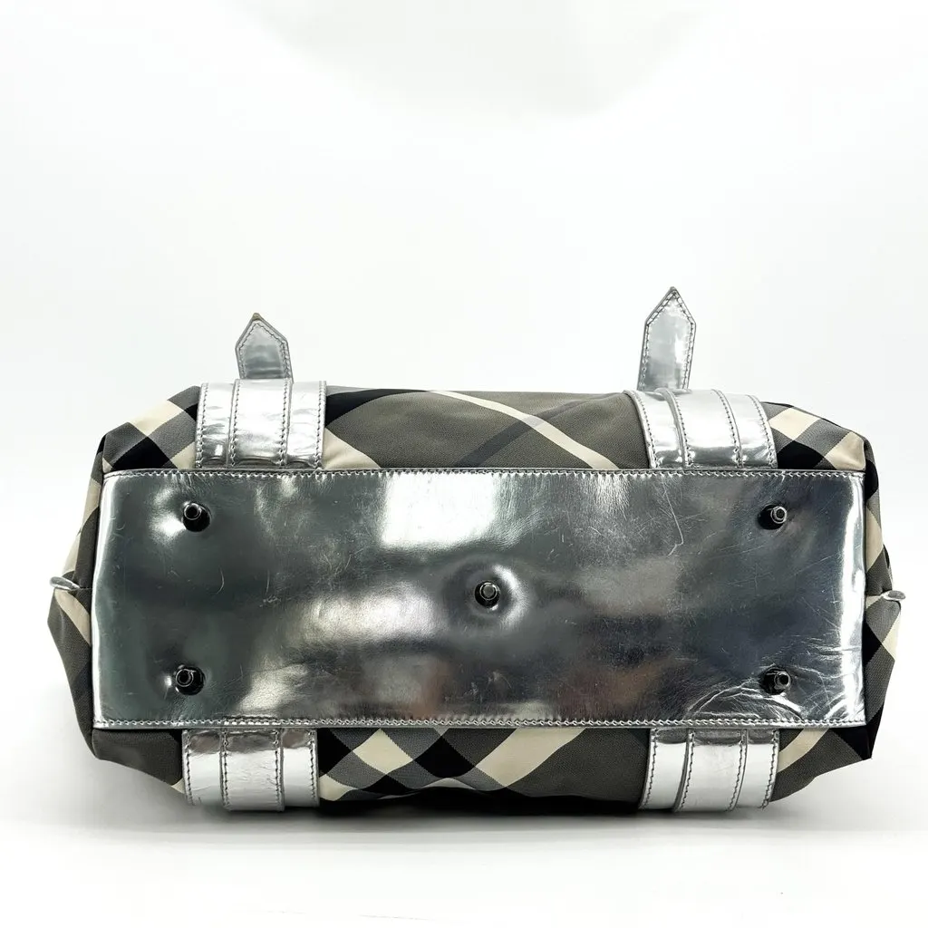 Burberry Beat Check Nylon Tote Bag Silver Black Polyamide Good - Box View