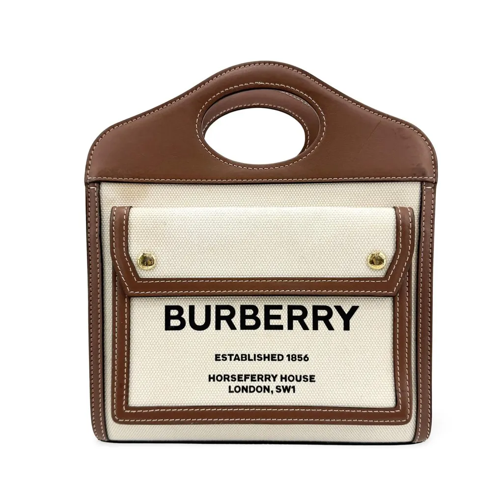 Burberry Mini Horseferry Print Canvas and Leather Pocket Bag Malt Brown Beige Canvas Fair - Front View