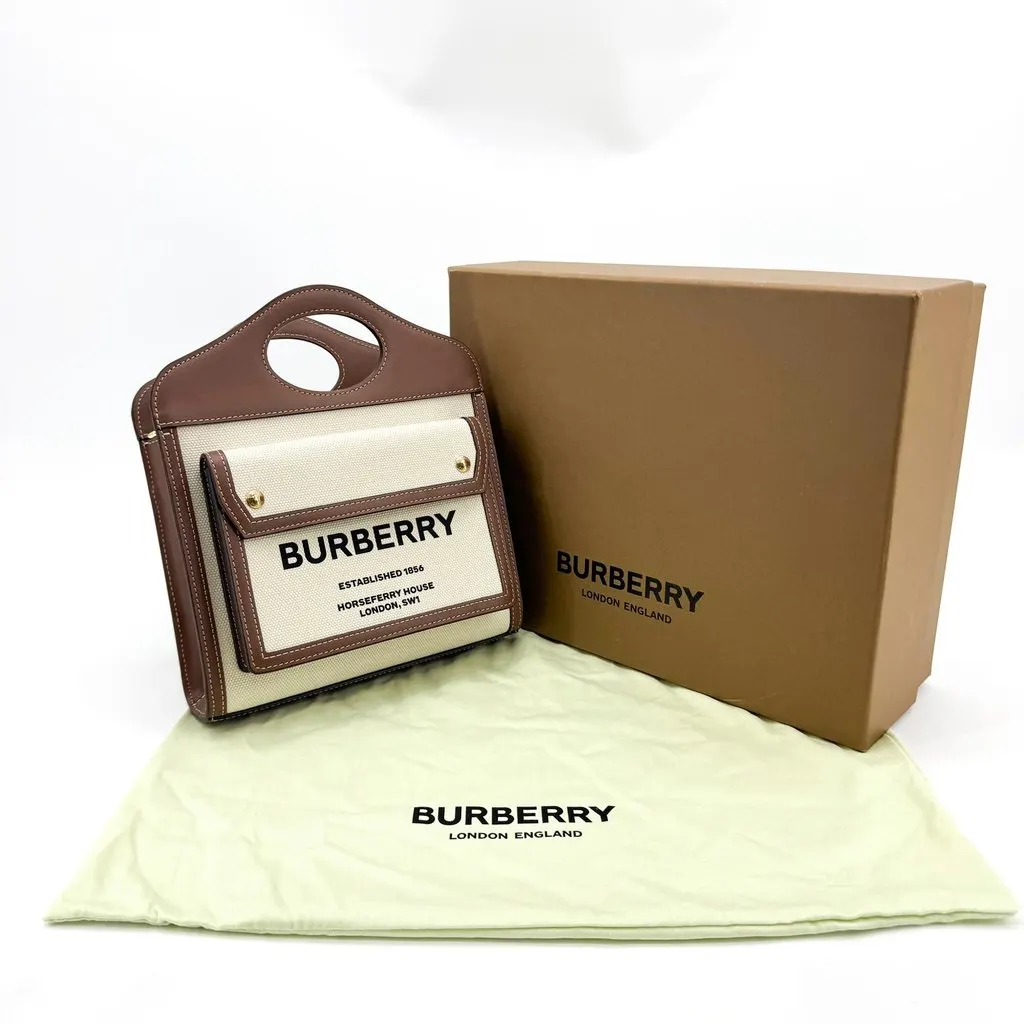Burberry Mini Two-Tone Canvas and Leather Pocket Bag Malt Brown Beige Canvas Very good - Back View