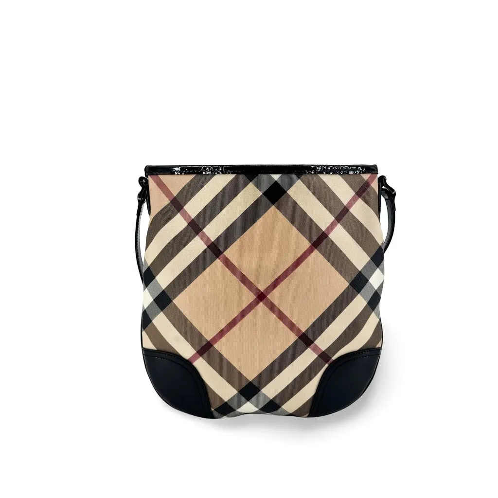 Burberry House Check Patent Leather Trim Crossbody Bag Beige Black Beige Canvas Very good - Front View