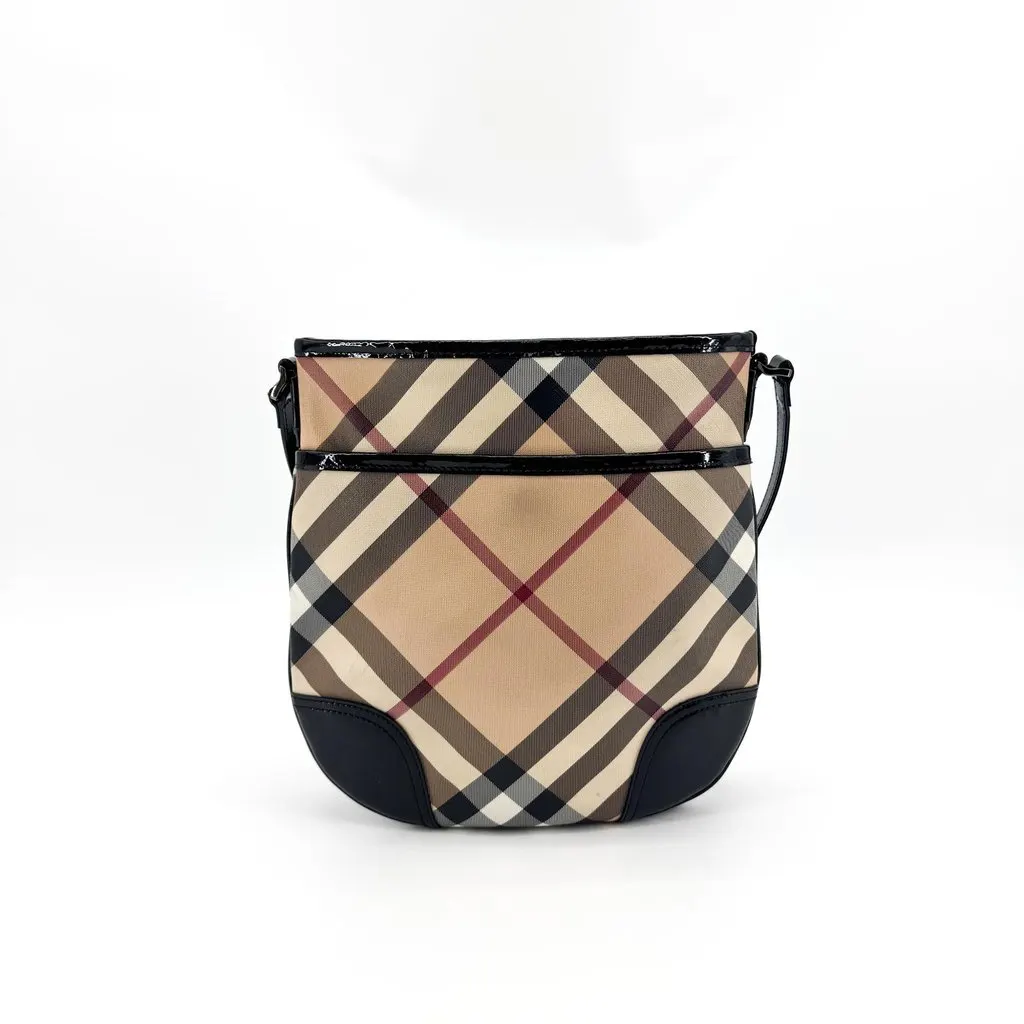 Burberry House Check Patent Leather Trim Crossbody Bag Beige Black Beige Canvas Very good - Back View