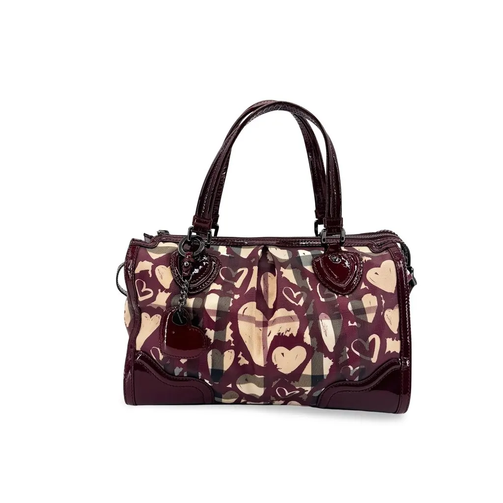 Burberry Heart Print Canvas Patent Leather Tote Bag Burgundy Beige Canvas Good - Front View