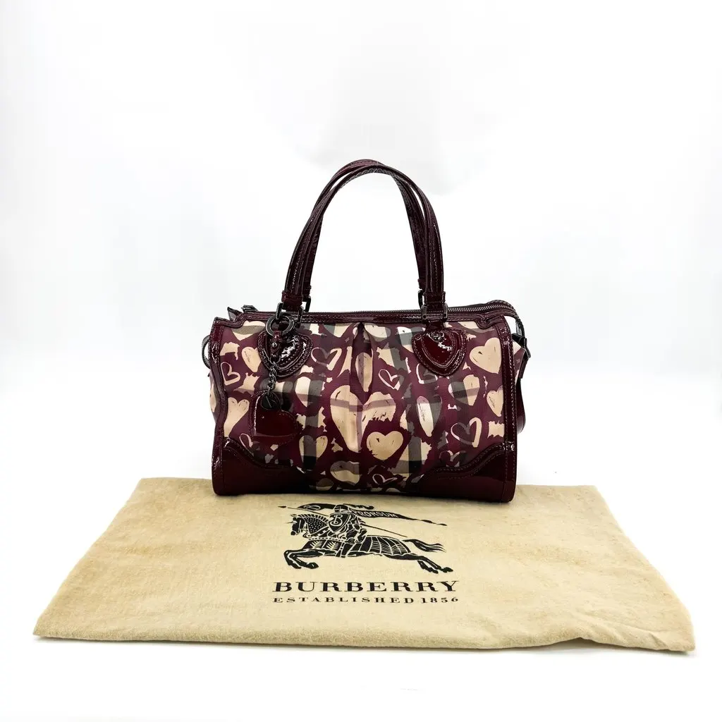 Burberry Heart Print Canvas Patent Leather Tote Bag Burgundy Beige Canvas Good - Back View