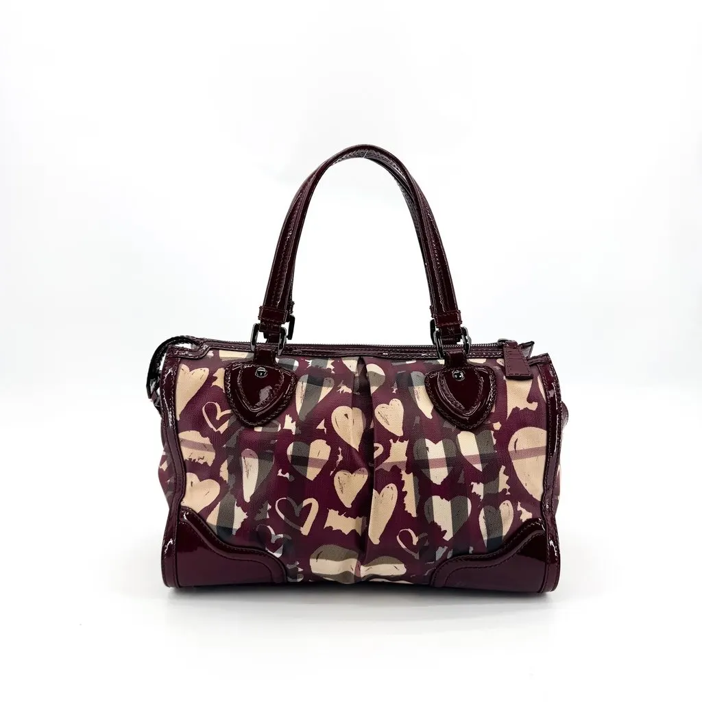 Burberry Heart Print Canvas Patent Leather Tote Bag Burgundy Beige Canvas Good - Inside View