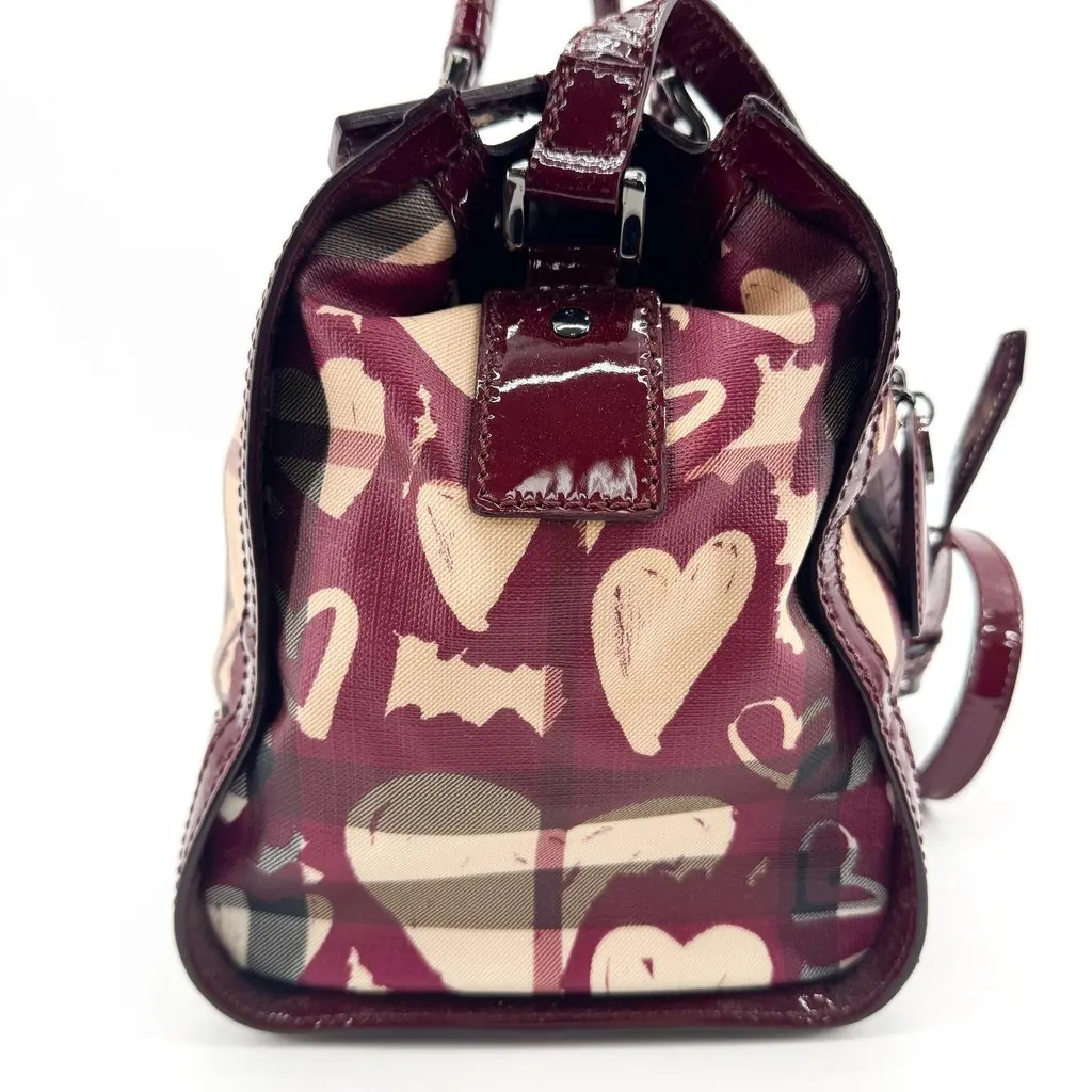 Burberry Heart Print Canvas Patent Leather Tote Bag Burgundy Beige Canvas Good - Model View
