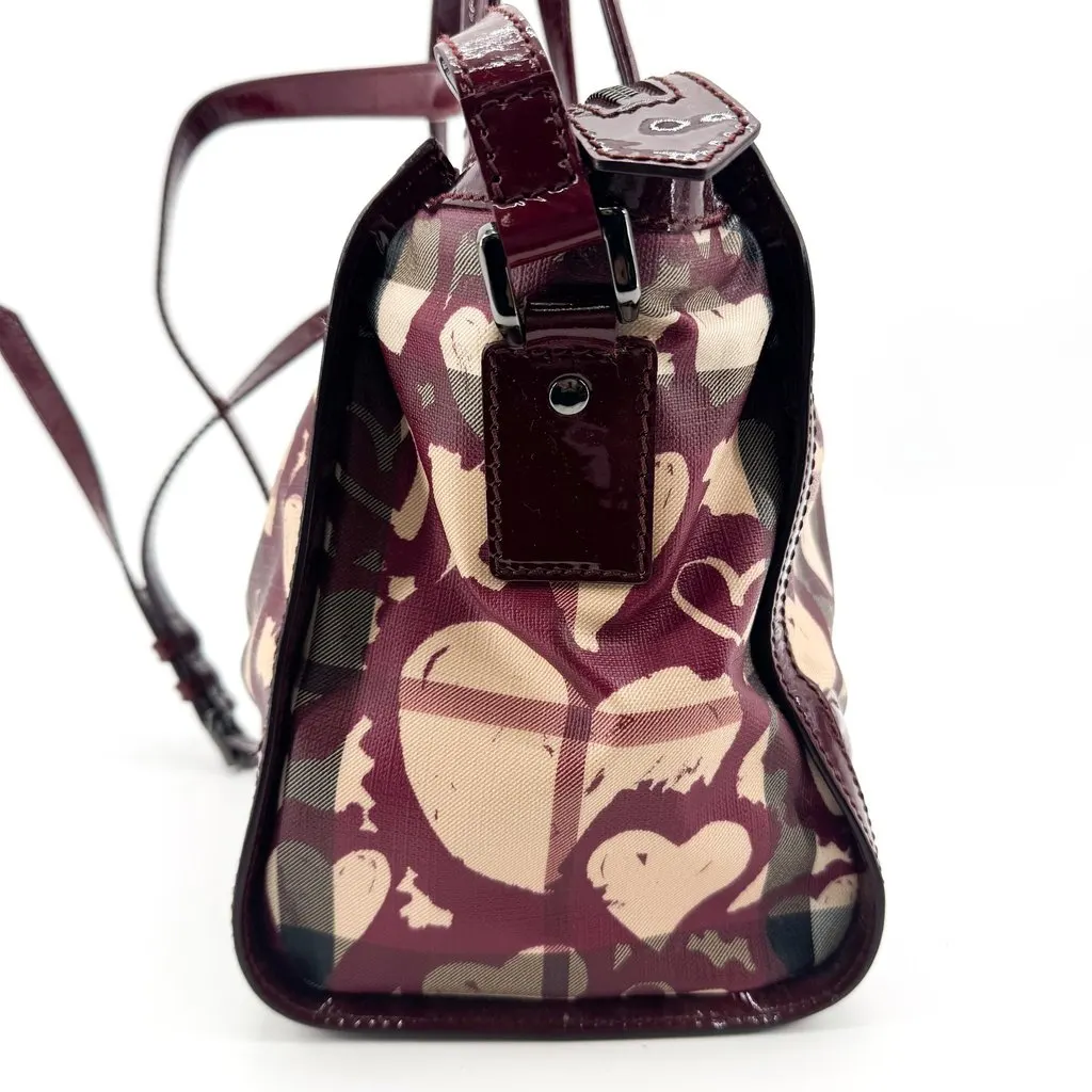 Burberry Heart Print Canvas Patent Leather Tote Bag Burgundy Beige Canvas Good - Box View
