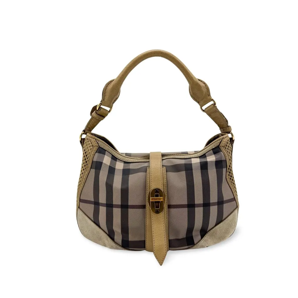 Burberry Check Suede Trimmed Shoulder Bag Beige Khaki Beige Canvas Very good - Front View