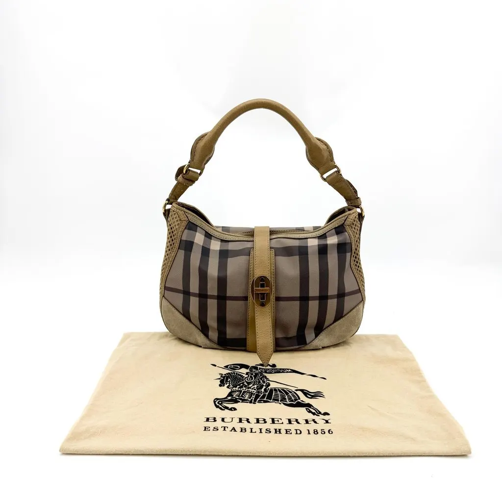 Burberry Check Suede Trimmed Shoulder Bag Beige Khaki Beige Canvas Very good - Back View
