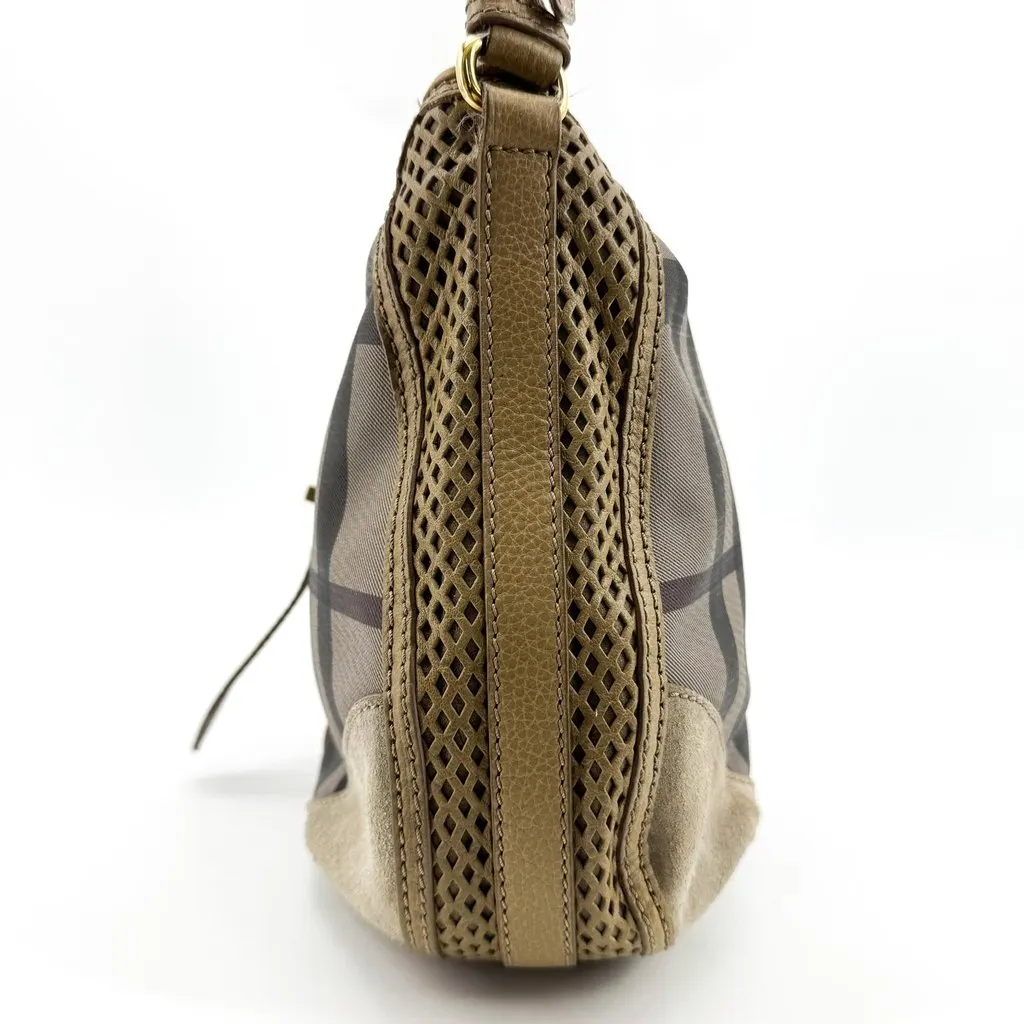 Burberry Check Suede Trimmed Shoulder Bag Beige Khaki Beige Canvas Very good - Model View