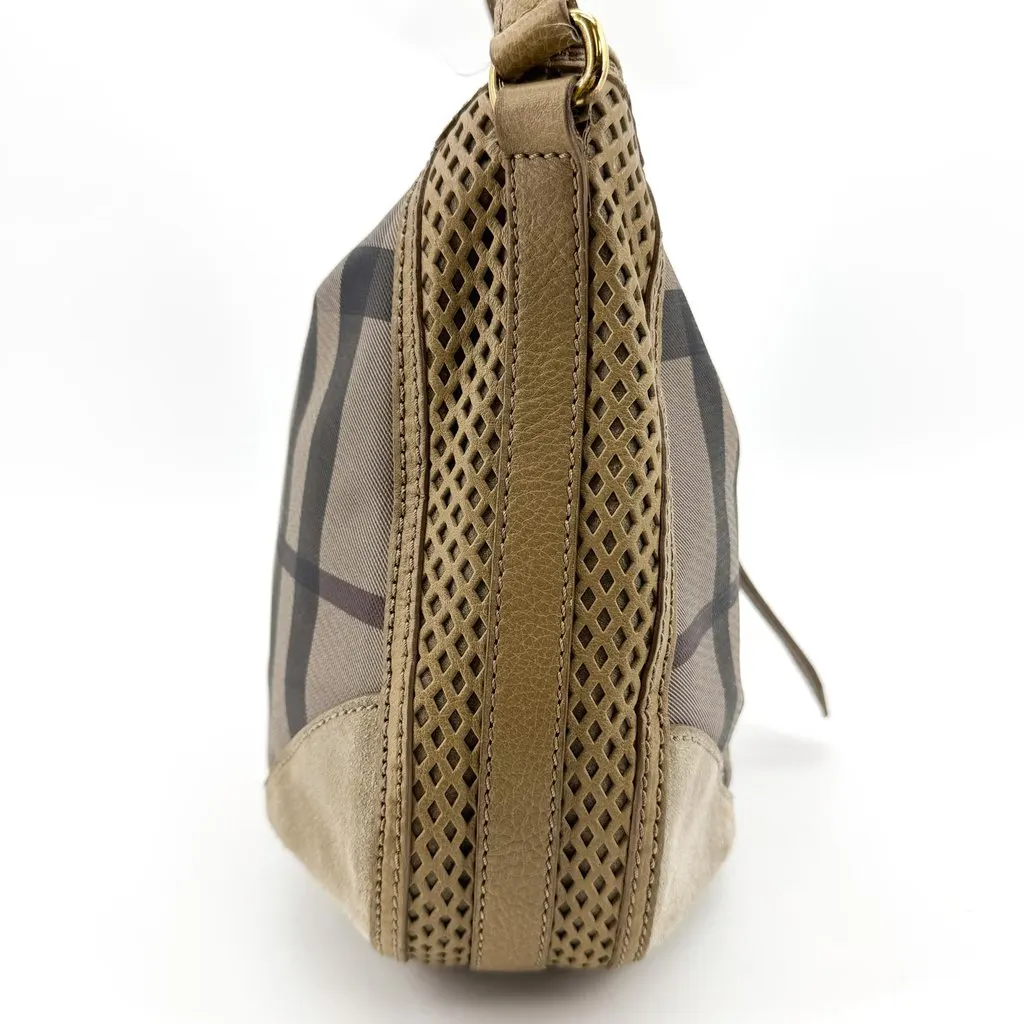 Burberry Check Suede Trimmed Shoulder Bag Beige Khaki Beige Canvas Very good - Box View