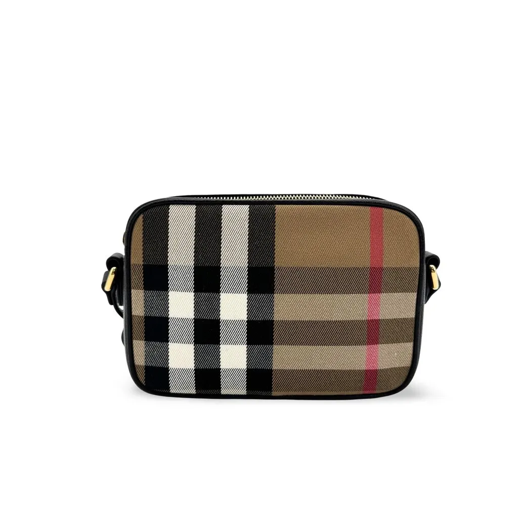Burberry Vintage Check Leather Camera Bag Small Black Beige Canvas Very good - Front View