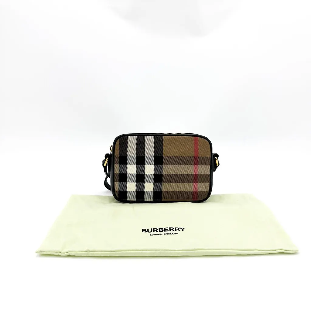Burberry Vintage Check Leather Camera Bag Small Black Beige Canvas Very good - Back View