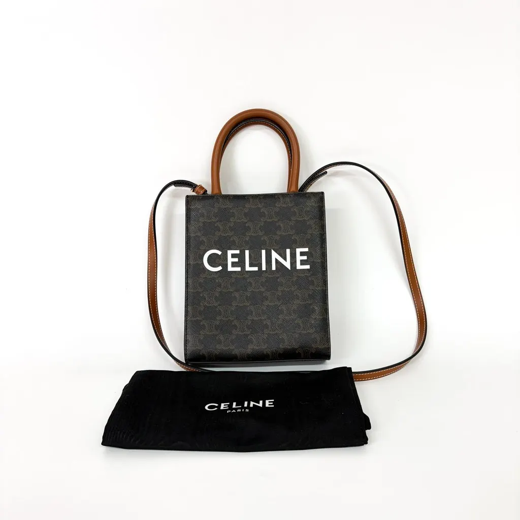 Celine Cabas Vertical Mini Triomphe Canvas & Calfskin Tan Brown Canvas Very good - Back View