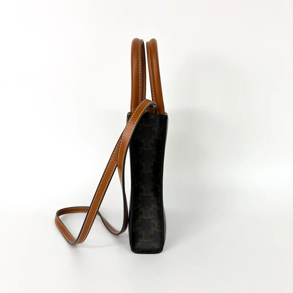 Celine Cabas Vertical Mini Triomphe Canvas & Calfskin Tan Brown Canvas Very good - Model View