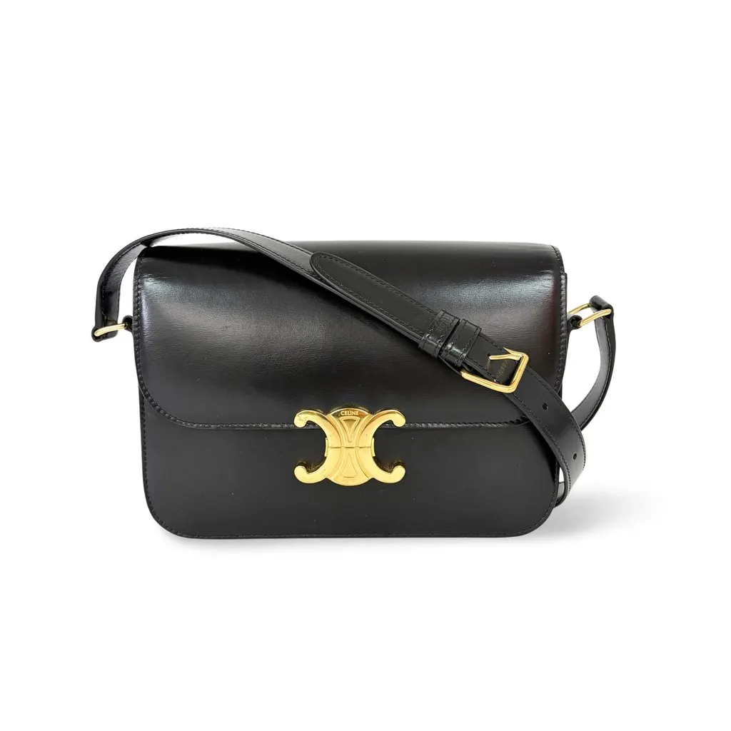Celine Triomphe Bag Shiny Calfskin Black Gold Hardware Black Leather Good - Front View