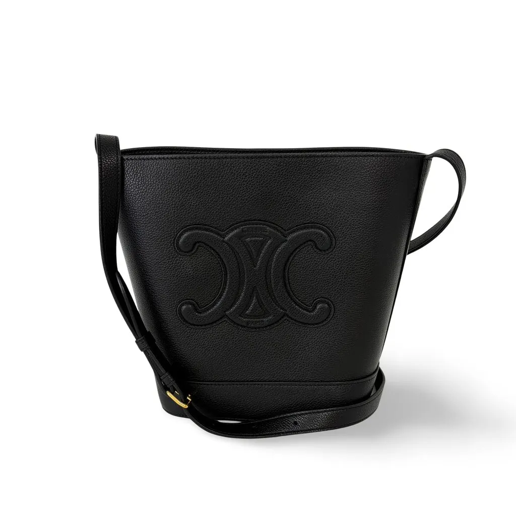 Celine Small Bucket Cure Triomphe Black Black Leather Good - Front View