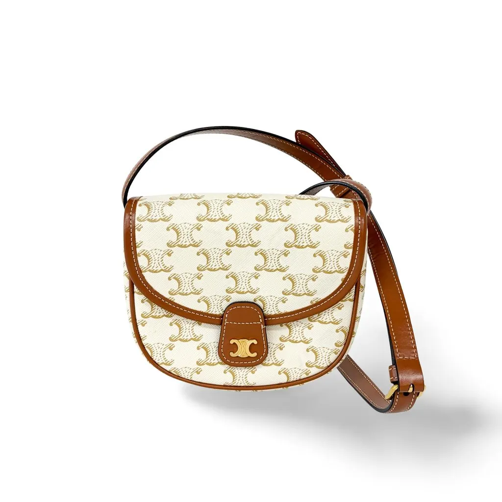 Celine Triomphe Canvas & Calfskin Small Besace White Tan MultiColor Canvas Very good - Front View