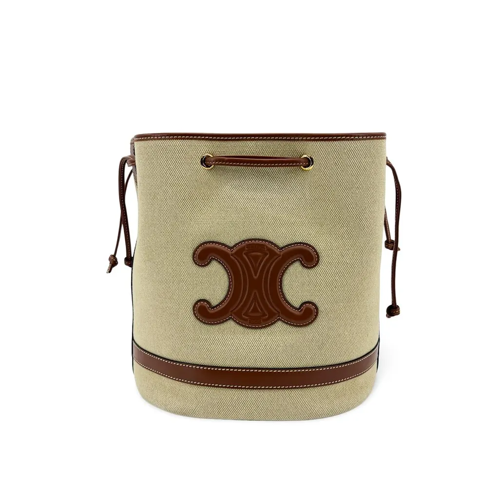 Celine Small Bucket Cure Triomphe Textile & Calfskin Natural Tan MultiColor Leather Fair - Front View