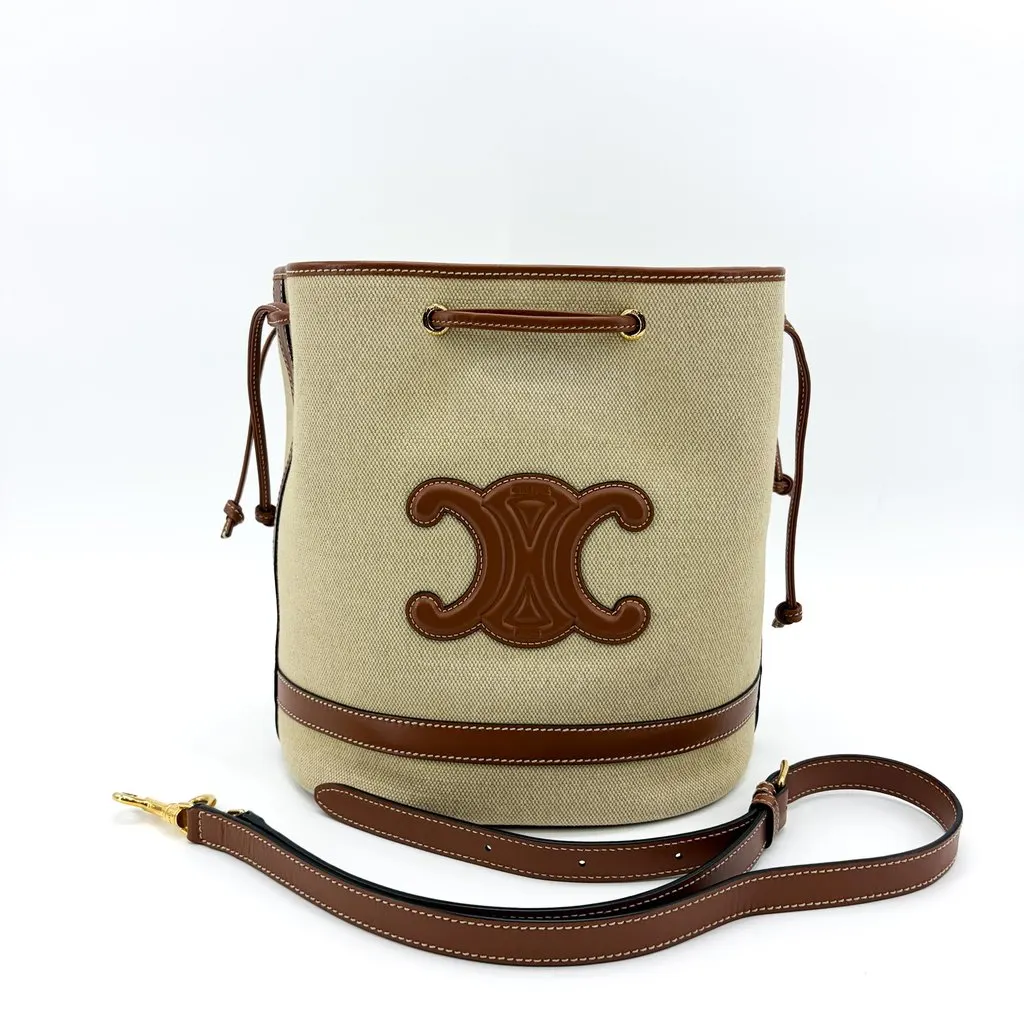 Celine Small Bucket Cure Triomphe Textile & Calfskin Natural Tan MultiColor Leather Fair - Back View