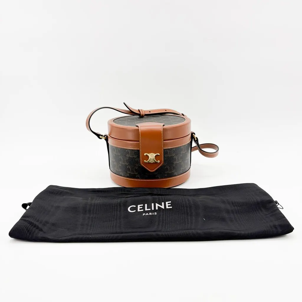 Celine Triomphe Canvas and Calfskin Medium Tambour Bag Tan Black Canvas Very good - Back View