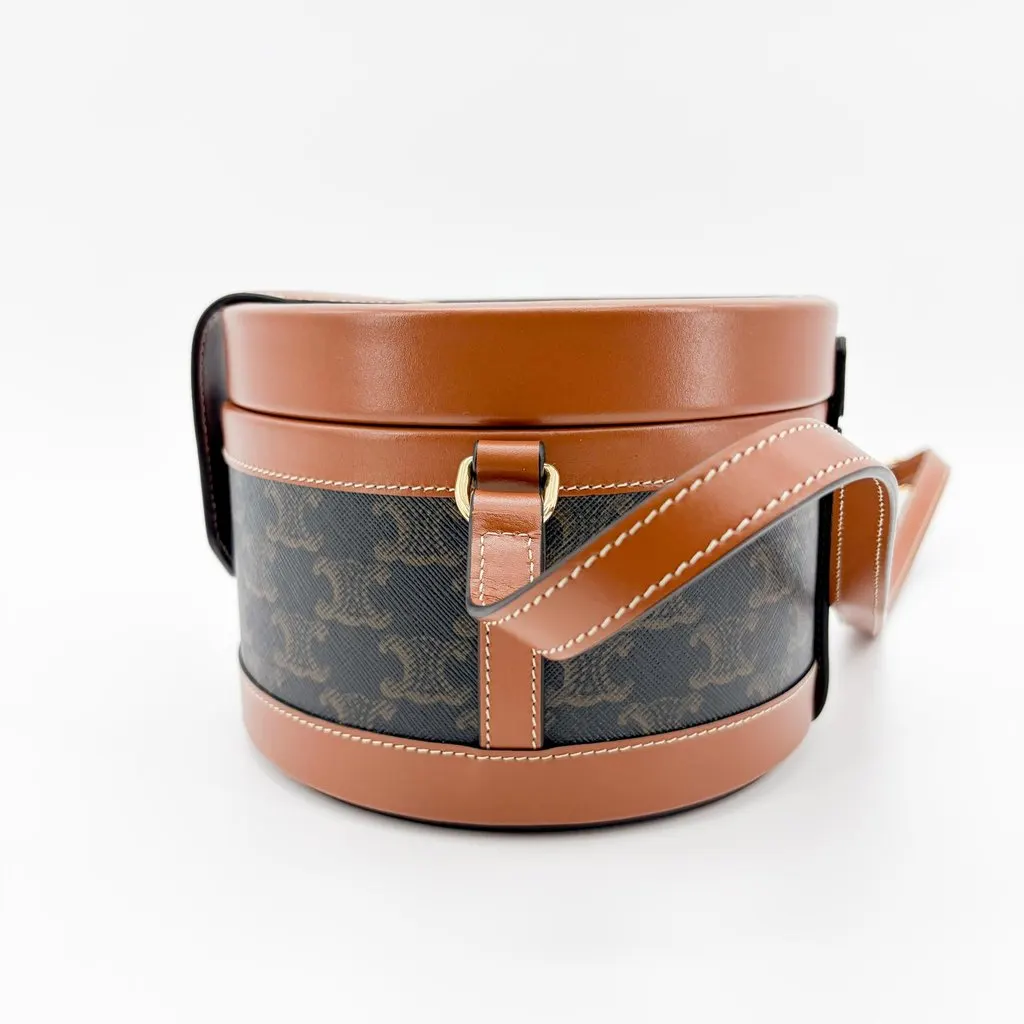 Celine Triomphe Canvas and Calfskin Medium Tambour Bag Tan Black Canvas Very good - Model View