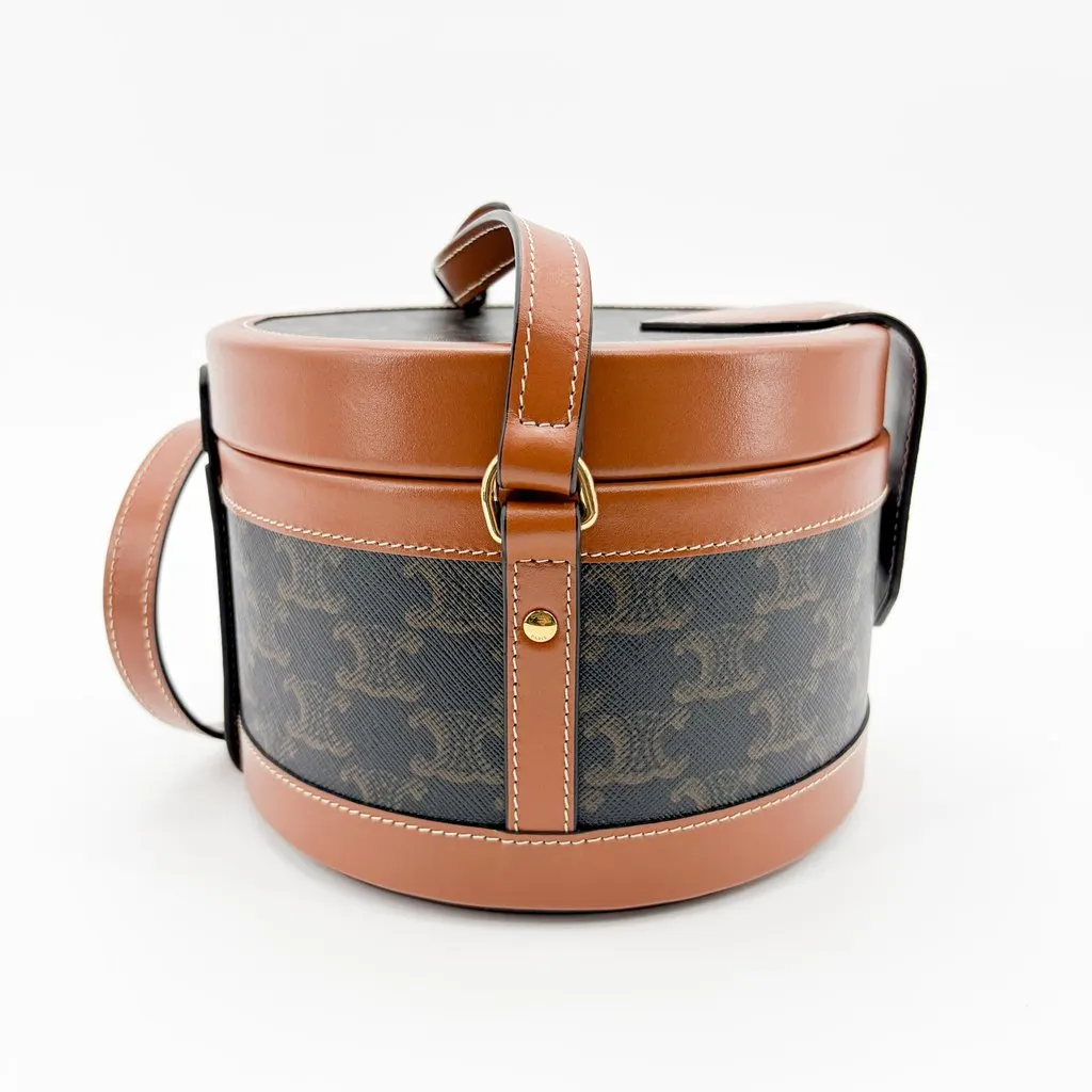 Celine Triomphe Canvas and Calfskin Medium Tambour Bag Tan Black Canvas Very good - Box View