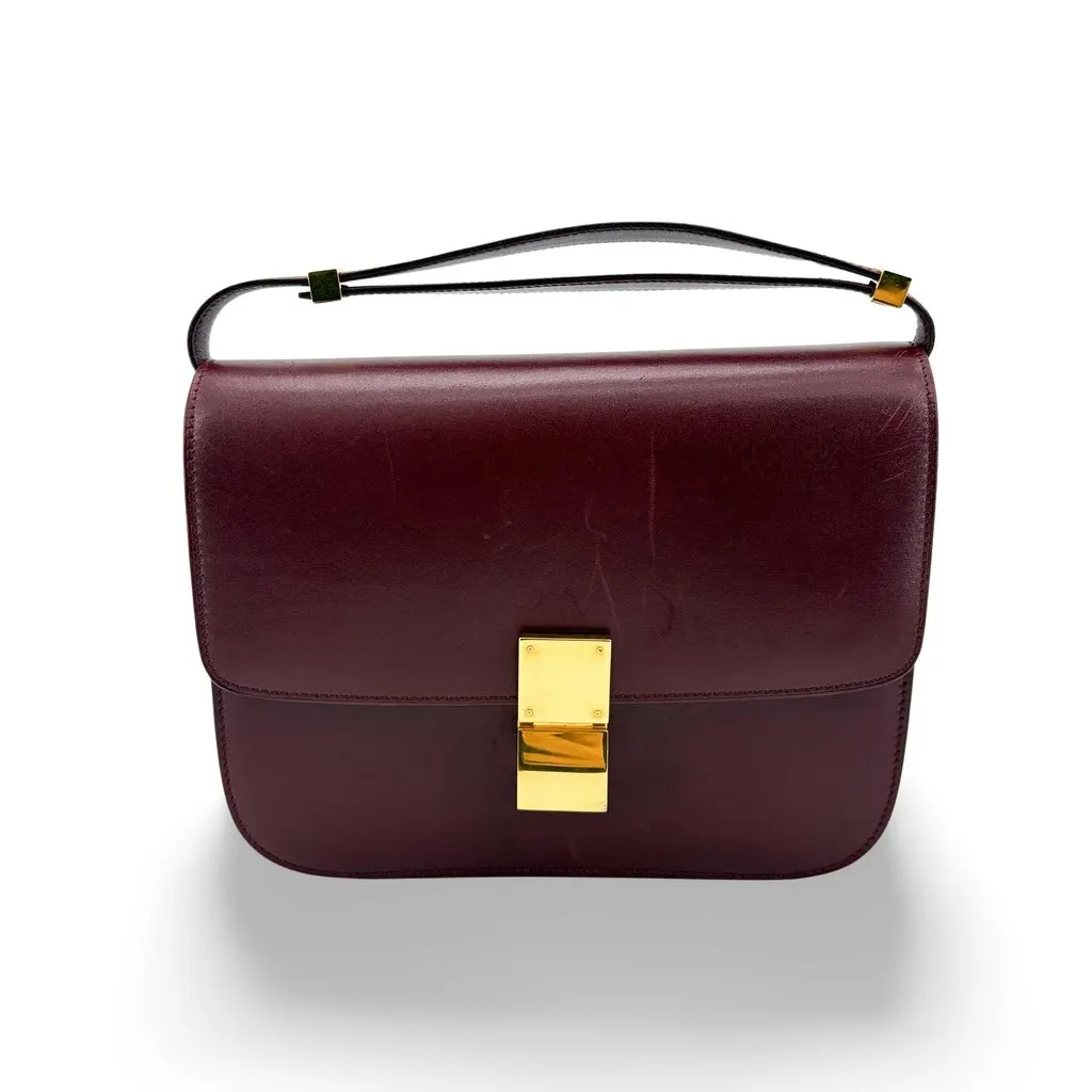 Celine Medium Classic Box Bag Burgundy Burgundy Leather Fair - Front View