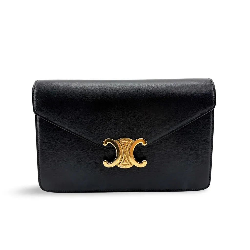 Celine Triomphe Shiny Calfskin Clutch Black Black Leather Very good - Front View