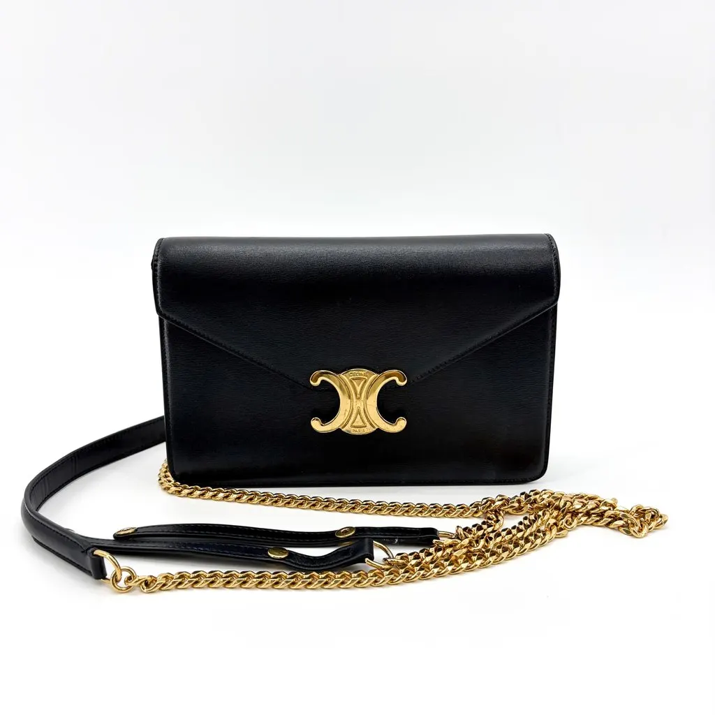 Celine Triomphe Shiny Calfskin Clutch Black Black Leather Very good - Back View